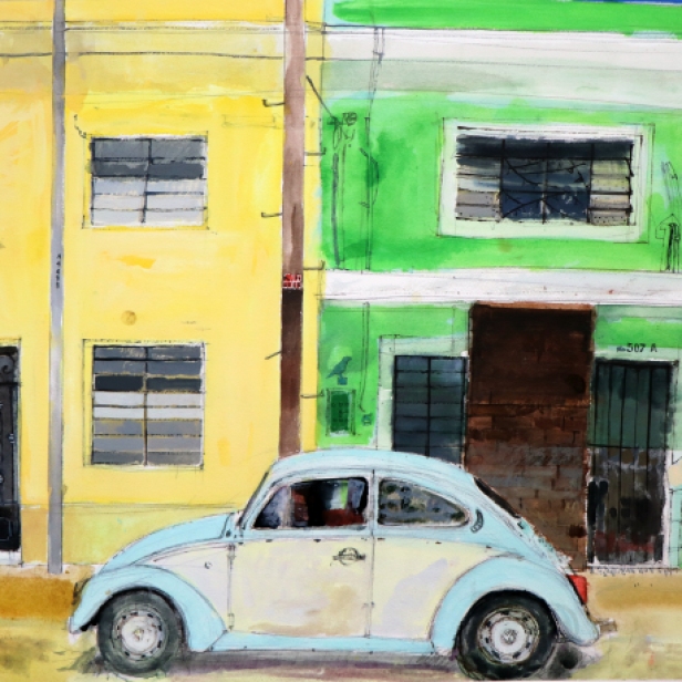 VW Beetle, Merida, Yucatan, Mexico watercolour on paper 51x69cm Peter Quinn RWS